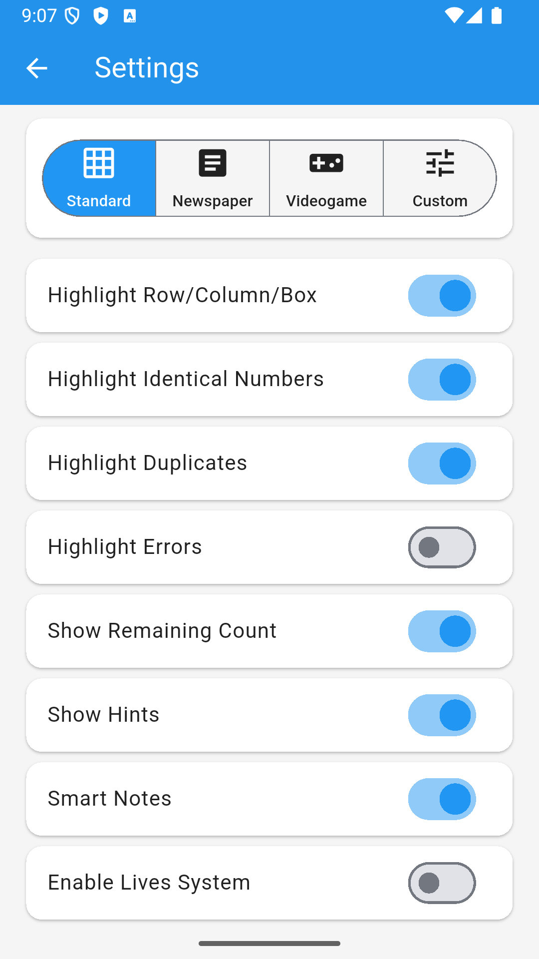 Settings screen