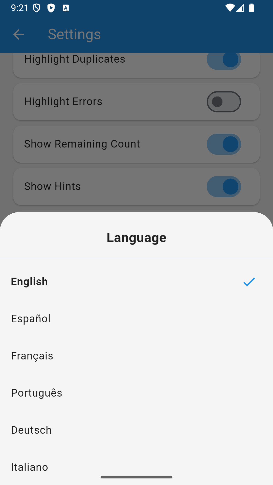 Language selection dialog
