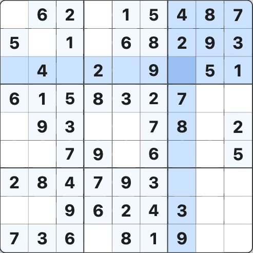 Sudoku box with highlighted cell showing only possible number