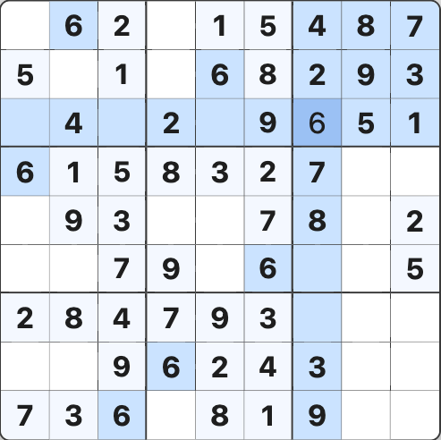 Completed cell with highlighted identical numbers