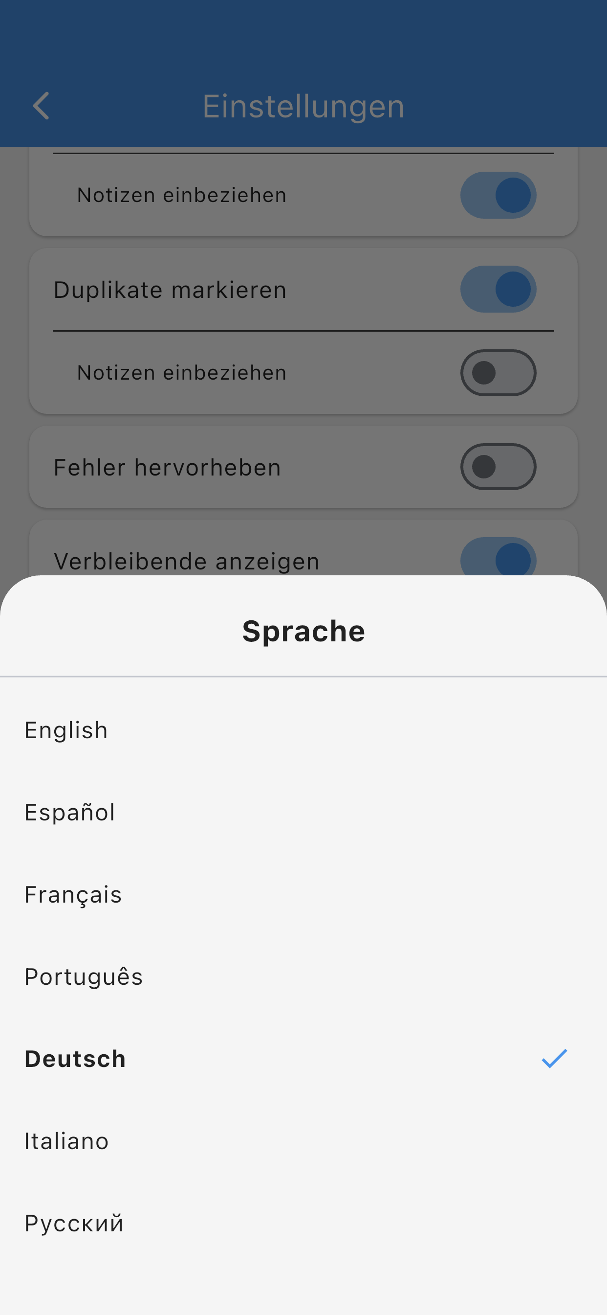 Sprachauswahl dialog