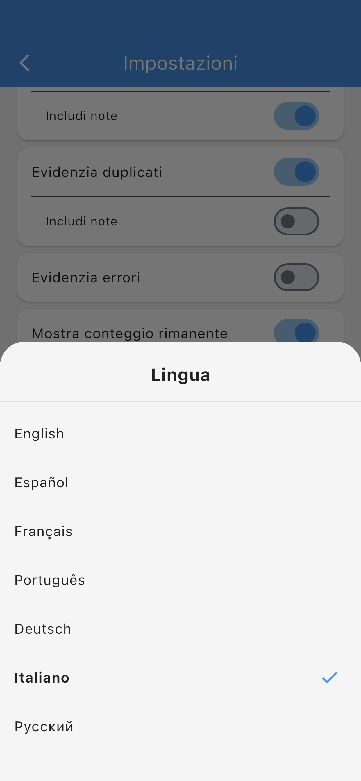 Selezione della lingua dialog