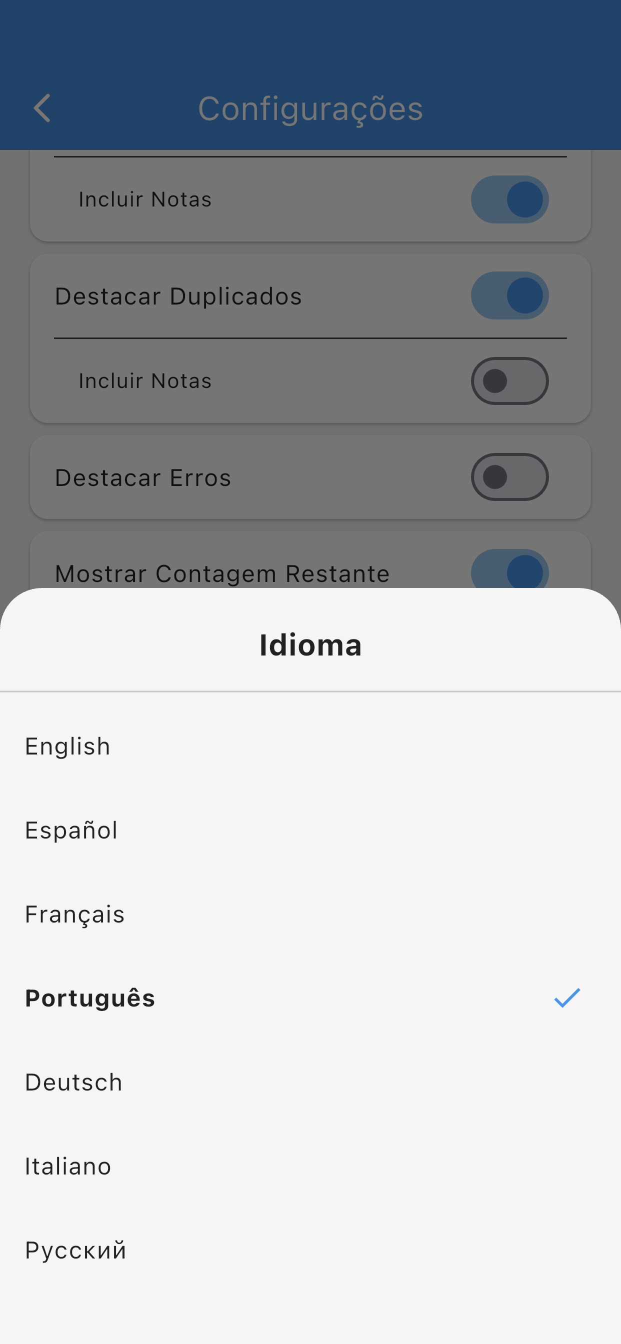 Seleção de idioma dialog