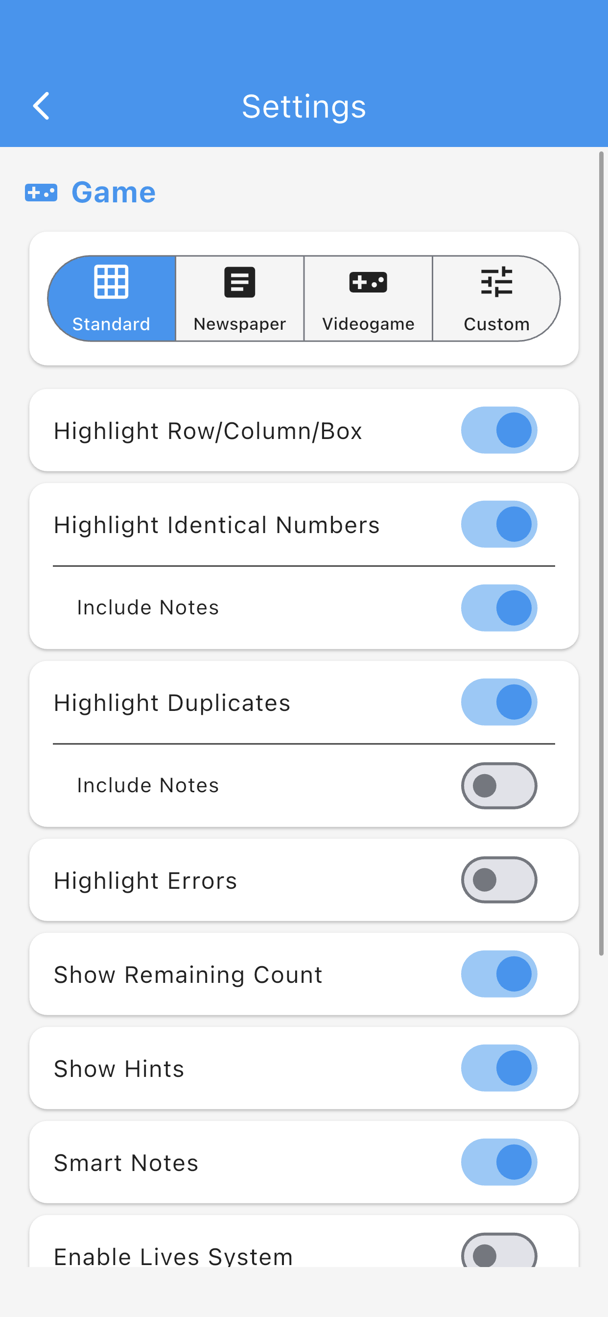 Settings screen