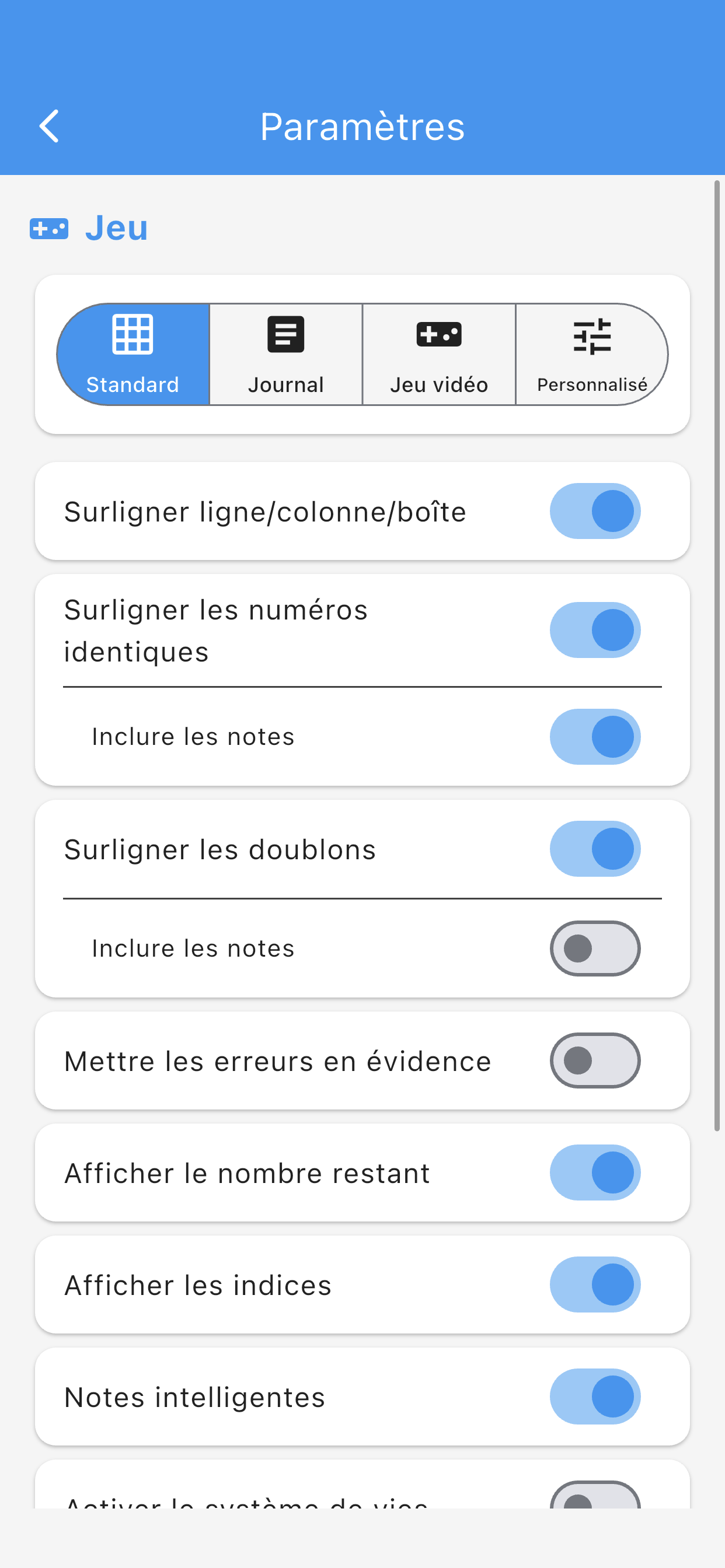 Settings screen