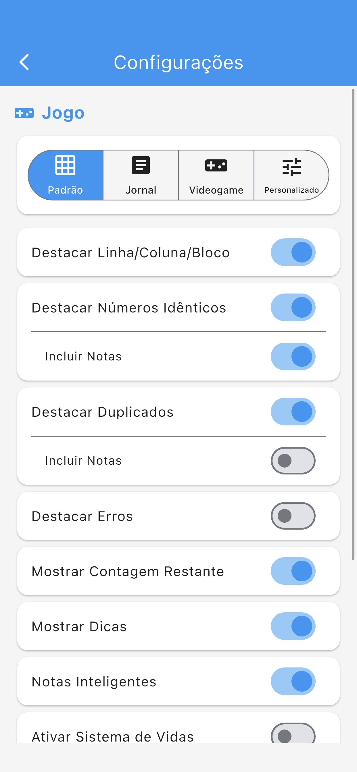 Settings screen